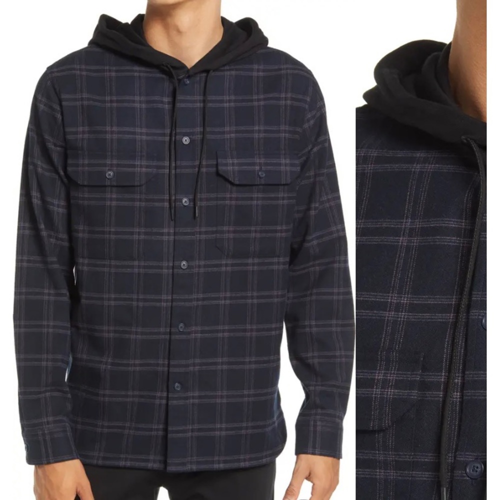 VINCE Redwood Plaid Hooded Overshirt in Coastal XL